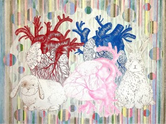 Eija Keskinen - Three hearts beats as one (Still life with hearts and bunnies)